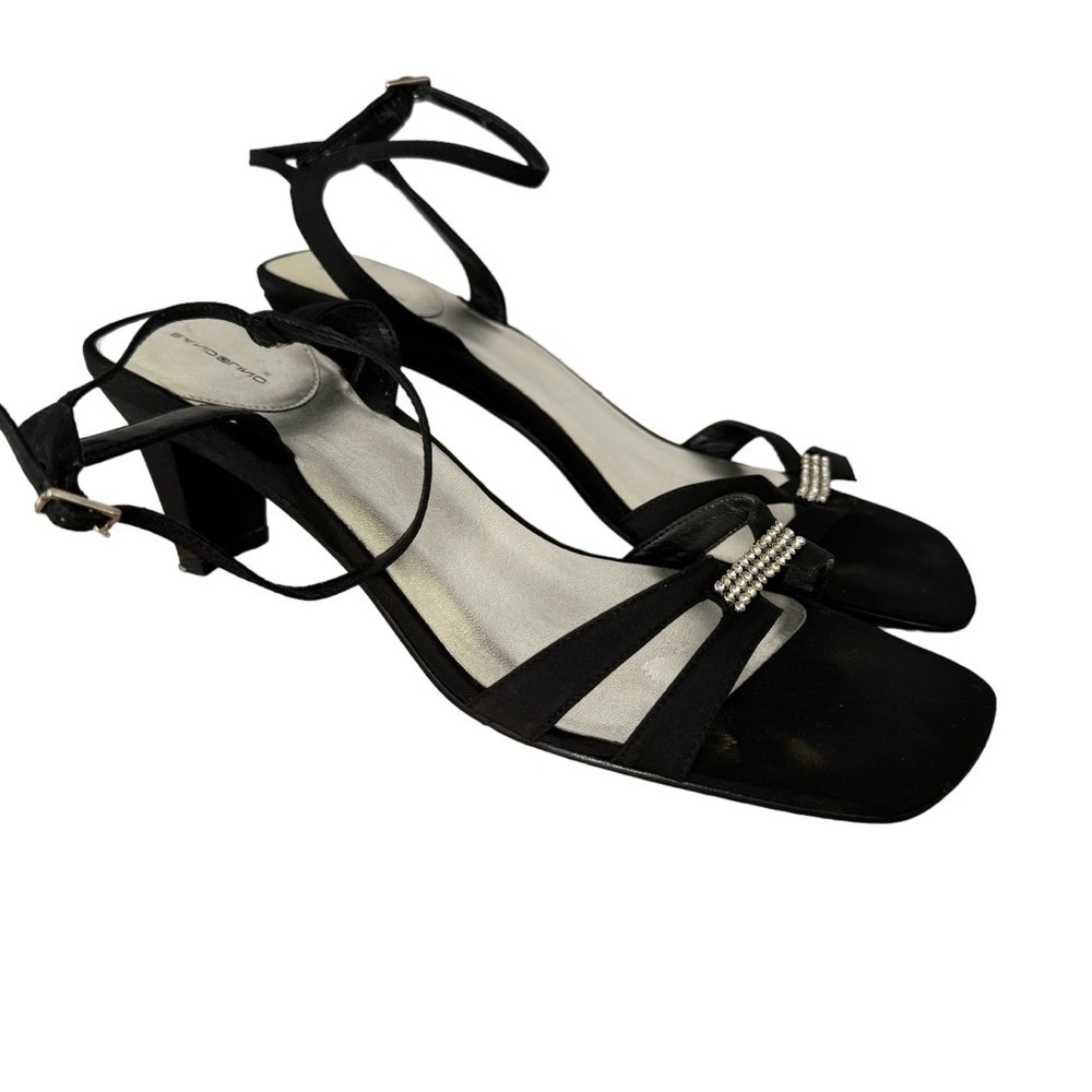Bandolino Black Strappy Block Heel Sandals with Rhinestone Accent